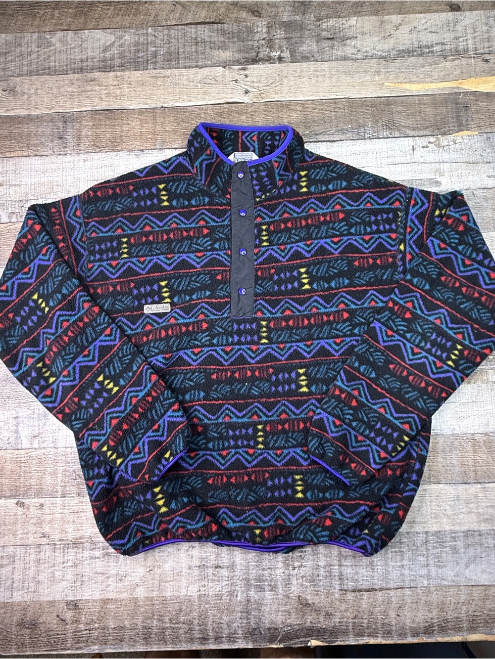 Men's Patterned Fleece Pullover - Black with Multicolor Tribal Print Columbia xl